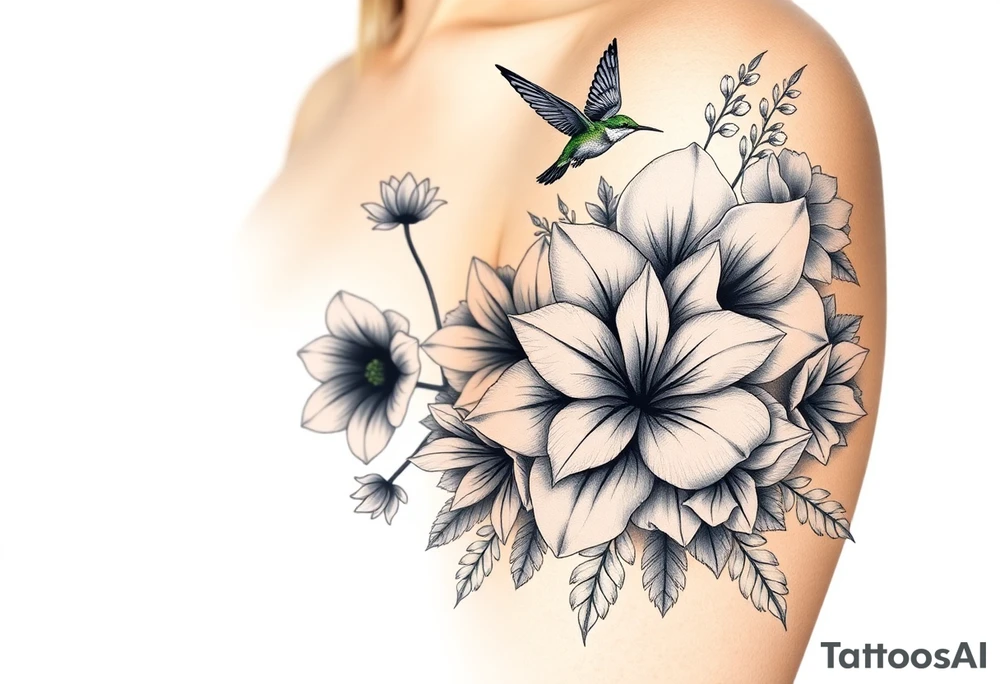 Can you create an image of a tattoo that will go on my upper arm including the following floral arrangement done very light handed and with soft lines- 1 large violet, 1 large carnation, 1 large lily of the valley, 1 large narcicuss, 1 medium carnation, 1 medium violet, 1 small dafodil, 2 small water lillies, and 1 small chrysanthemum. Add a small hummingbird drinking out of the large narcicuss. I want it on my upper right arm on the outside but slightly wrapping around the outer arm. I would like some greenery to fill in spaces as well. Make it large enough to fill my upper arm. I want the flowers to have dramatic and realistic shading. Make the tattoo more vertical than horizontal and put it on a female's arm with medium tan skin. tattoo idea