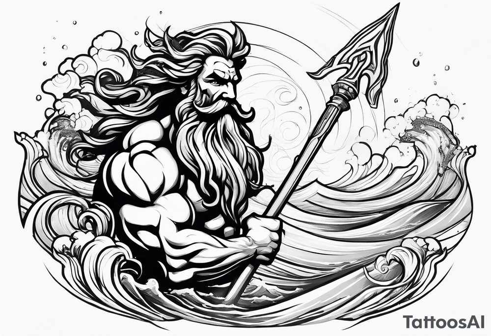 Poseidon raising trident with waves tattoo idea