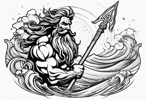 Poseidon raising trident with waves tattoo idea