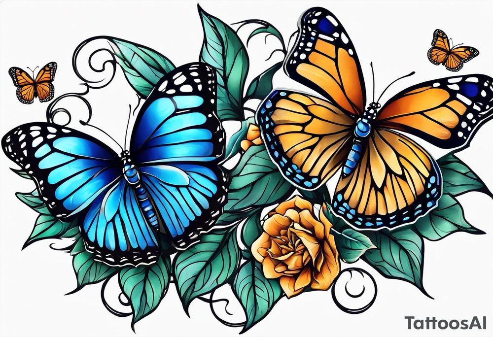blue monarch butterflies on a vine tattoo idea