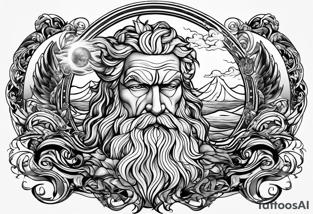 lighting with zeus showing strength and fear and the ocean waves tattoo idea