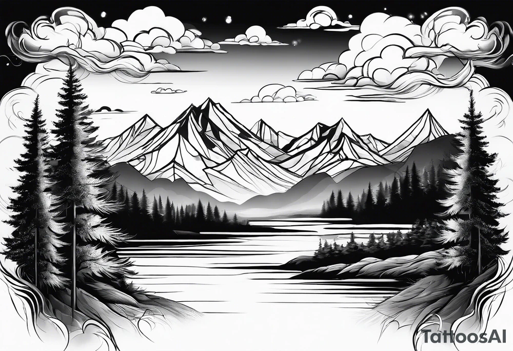 water, clouds, trees, mountains tattoo idea