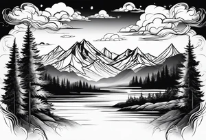 water, clouds, trees, mountains tattoo idea