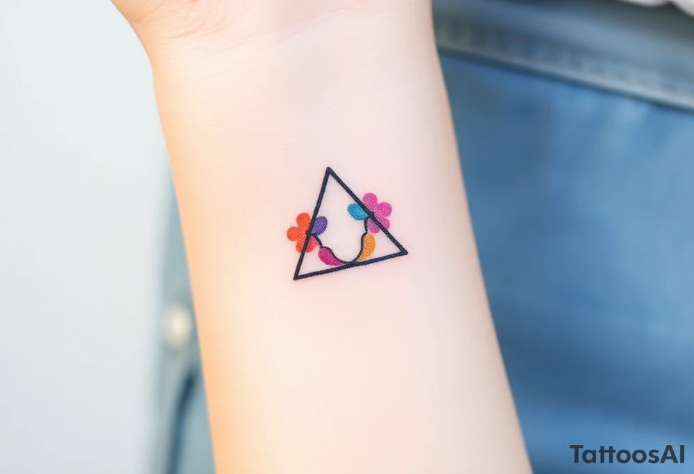 Design a very small (max 2x2 cm) tattoo for the inner wrist that subtly symbolizes lesbian identity. It should be minimal and delicate — possibly fine line or soft color. The design must be discreet yet meaningful, not instantly recognizable as LGBTQ but with layered symbolism, something like the triangle upside down. Think of subtle elements like intertwined female symbols, abstract sapphic references, or a hidden double meaning through nature (e.g. flowers, moons, triangles). Avoid clichés or bold pride imagery. Keep it elegant, wearable, and intimate tattoo idea