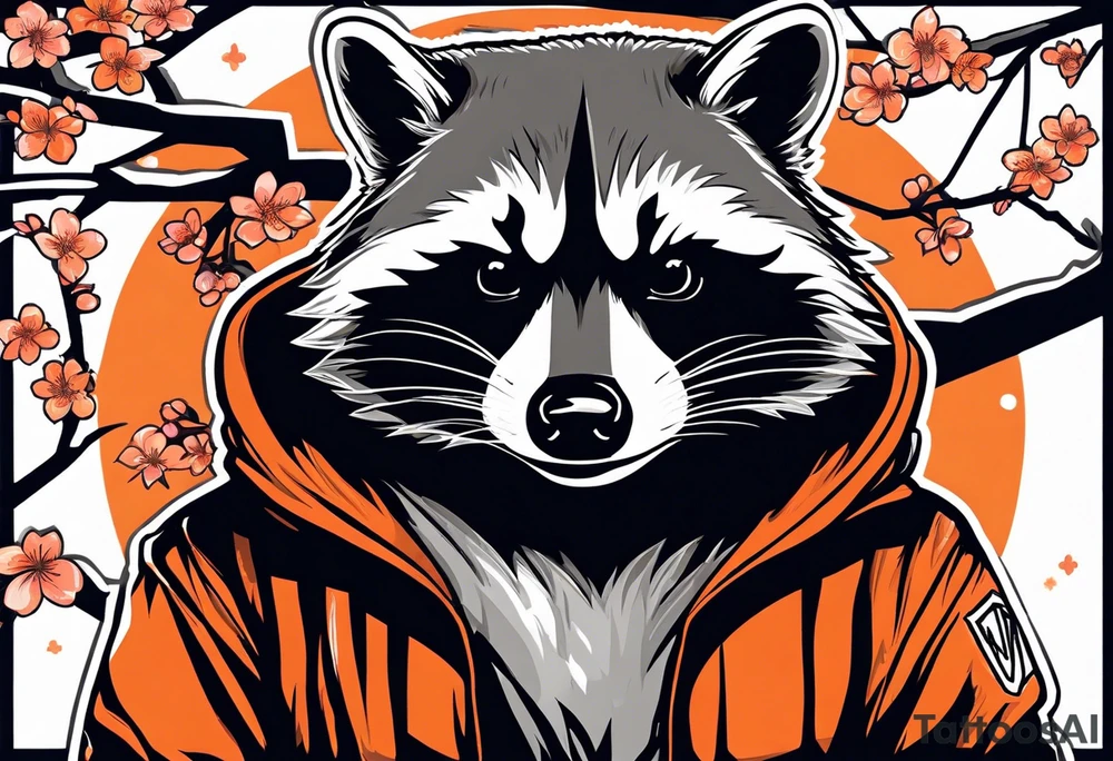 Raccoon wearing a white Superman logo on a black hoodie and orange Japanese cherry blossoms tattoo idea