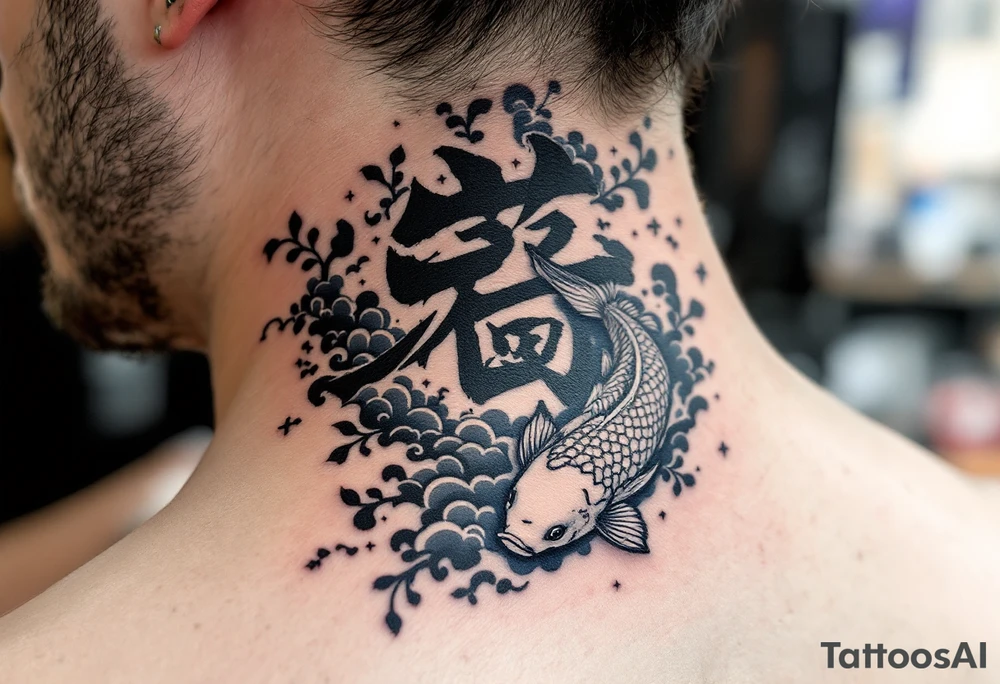 静 (jìng, “serenity”) in pale blue flows beside a koi fish to represent calm persistence. tattoo idea