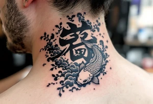 静 (jìng, “serenity”) in pale blue flows beside a koi fish to represent calm persistence. tattoo idea
