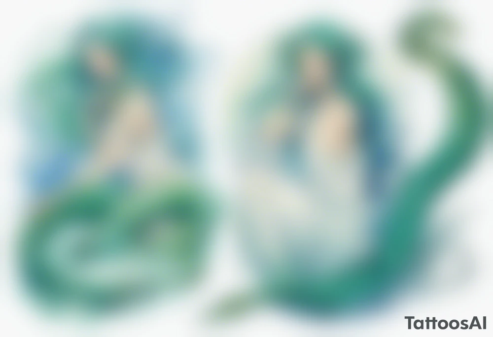 a blue-green naiad in a white tunic next to a sea serpent tattoo idea