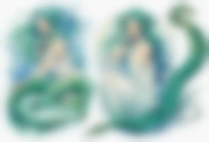 a blue-green naiad in a white tunic next to a sea serpent tattoo idea