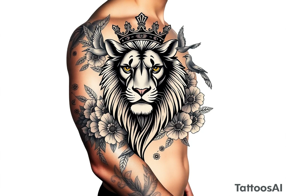 powerful majestic lion with a crown, surrounded by floral ornaments and birds tattoo idea