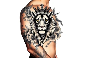 powerful majestic lion with a crown, surrounded by floral ornaments and birds tattoo idea