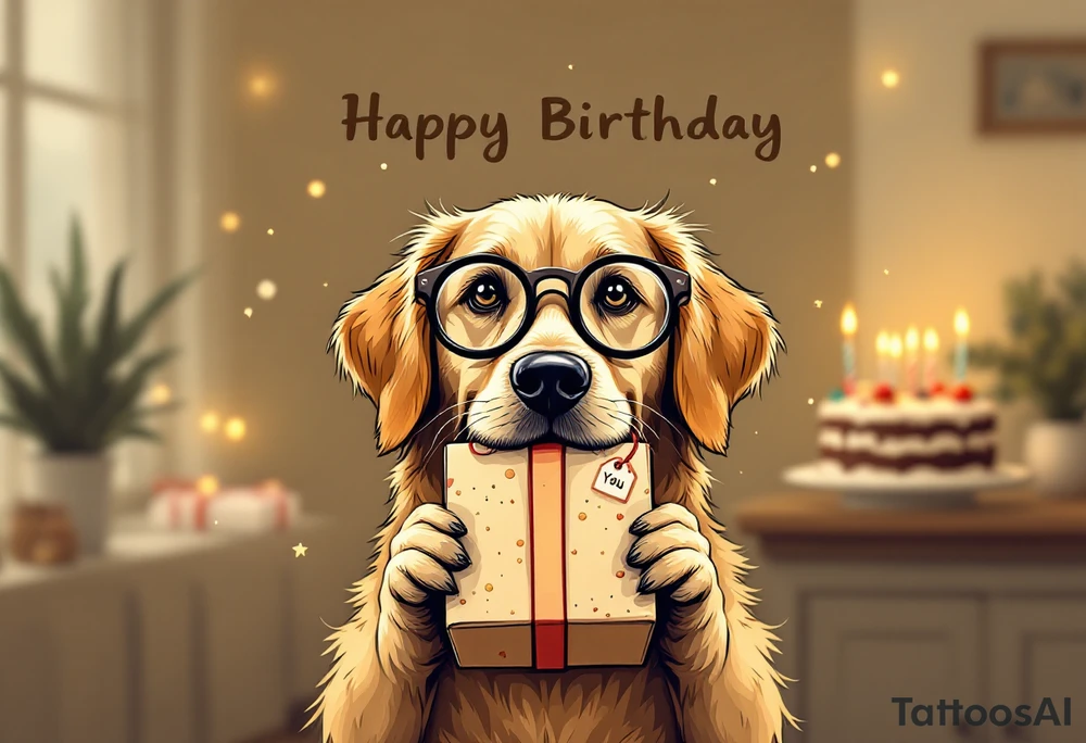 Picture a playful golden retriever wearing cute round reading glasses, holding a neatly wrapped gift box in its mouth. A small tag on the box says “For You.” Behind the dog is a festive table with a birthday cake, candles, and party decorations. The retriever looks clever and kind, like a well-mannered guest at a cozy celebration. A cheerful message floats above:
“Wishing you joy, health, and puppy kisses on your 80th birthday – from the whole Albi team!”
The illustration has a light-hearted, cartoon-like charm, making it perfect for bringing smiles and laughter. tattoo idea