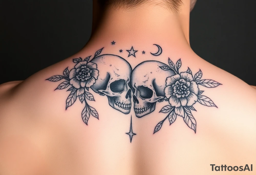 Feminie floral skull lovers moon and stars tattoo idea