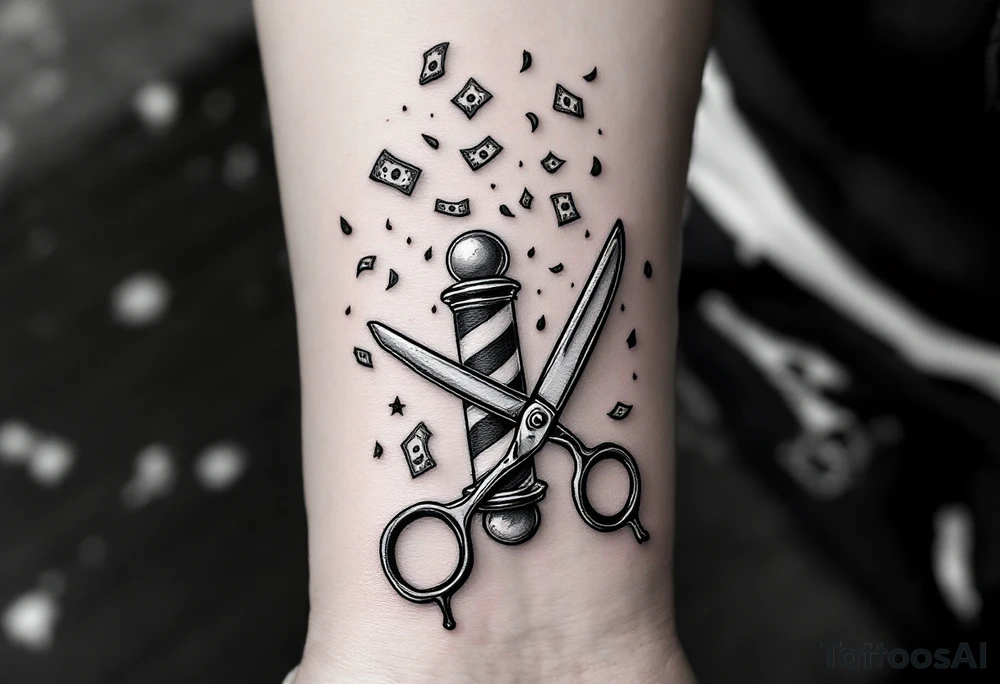 Barber pole and scissors and razor with raining money tattoo idea