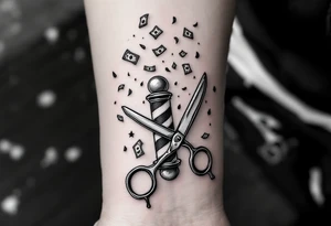 Barber pole and scissors and razor with raining money tattoo idea