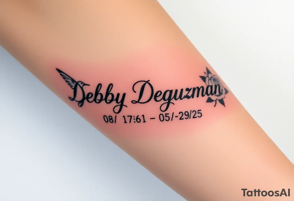 Tattoo of the exact name Debby Deguzman in chunky curly cursive with the exact dates of 08/17/61-05/29/25 surrounded by 1 hummingbird and 1 rose tattoo idea