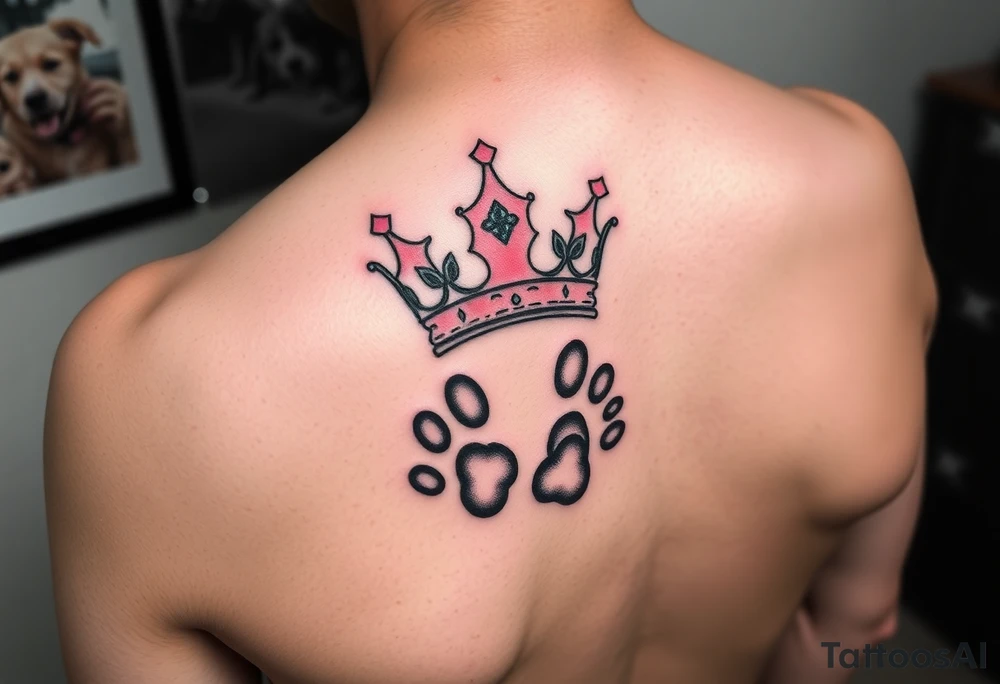 pink princess crown on top of puppy paw prints tattoo idea