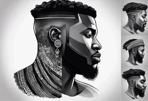 homem divindade africano realista em preto e cinza com os olhos vermelhos. Fundo da imagem com tons vermelhos. Usando na mão um falo de madeira com cabaças penduradas. tattoo idea