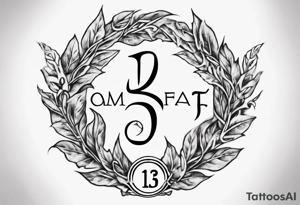 The number 13 in the middle of a laurel leaf wreath, a Celtic sword under the number and the words "amor fati". tattoo idea