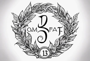 The number 13 in the middle of a laurel leaf wreath, a Celtic sword under the number and the words "amor fati". tattoo idea