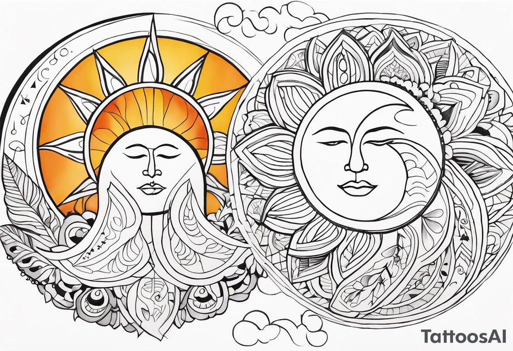 moon and sun painted with Anishinaabe floral all over tattoo idea