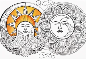 moon and sun painted with Anishinaabe floral all over tattoo idea