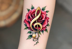 A metallic gold treble clef pierced through a crimson rose, with green ivy vines coiling around it and subtle shading in black and burgundy for depth and elegance. tattoo idea