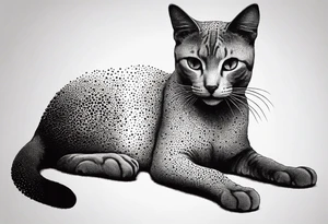 Design a simple outline tattoo of a cat stretching, embodying grace and flexibility, perfect for a subtle yet expressive design tattoo idea