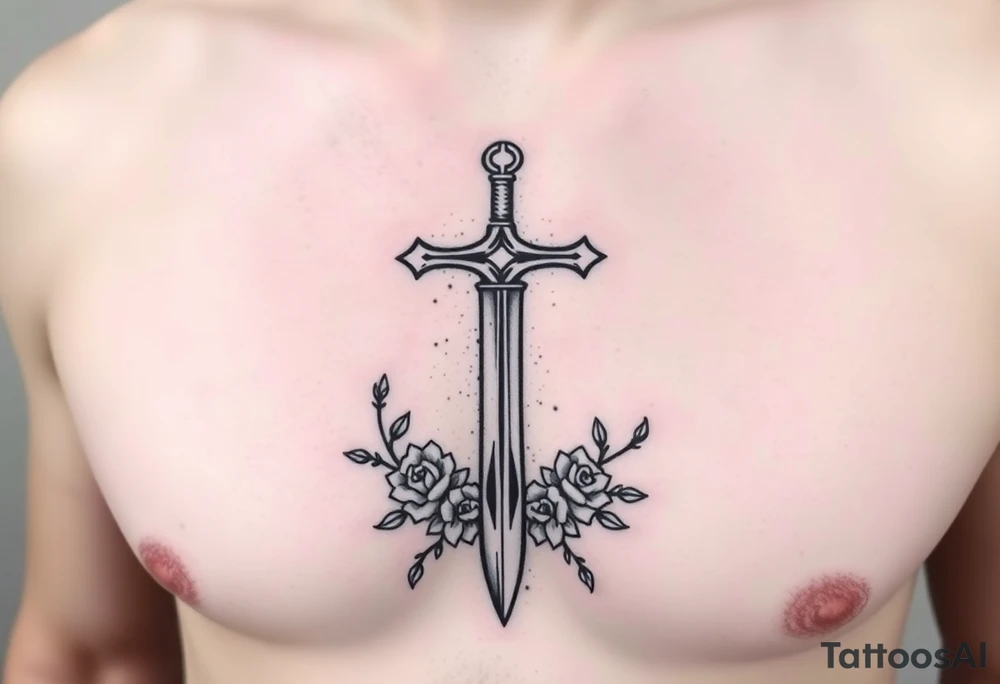 A gothic cross with a sword tip on the bottom going through an infinity sign and has roses and vines growing around tattoo idea