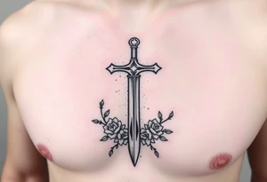 A gothic cross with a sword tip on the bottom going through an infinity sign and has roses and vines growing around tattoo idea