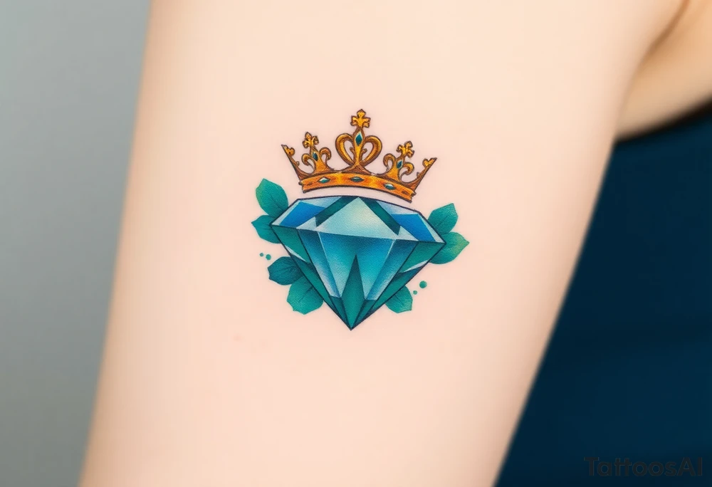 A crown floating above a faceted diamond, with a subtle gradient of deep emerald green and royal blue tattoo idea