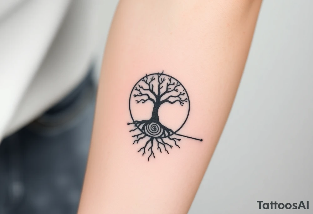 Tree inside of sun, spiral circle roots. A line moving to the right tattoo idea