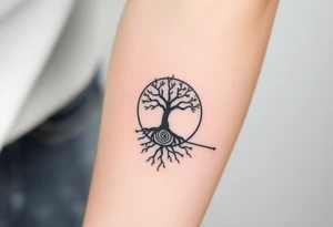 Tree inside of sun, spiral circle roots. A line moving to the right tattoo idea