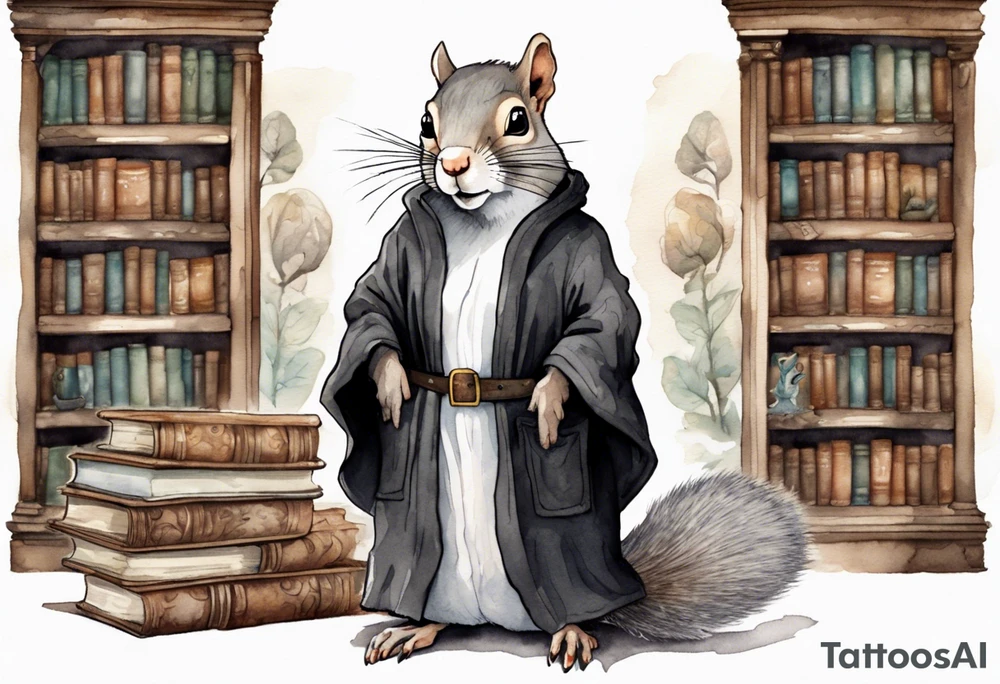 an elderly grey squirrel with a white beard and mustache wearing a black robe and spectacles standing in an ancient library tattoo idea