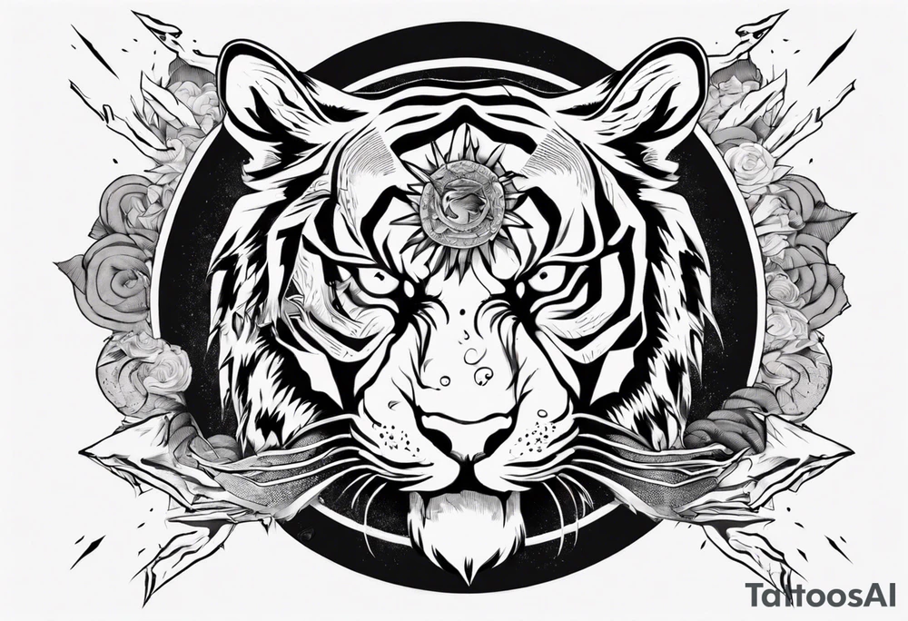 Ancient tiger with lightning and a sun for a forearm sleeve. With patterns surrounding it tattoo idea