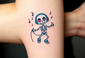 smiley skeleton with love shape in his eyes jumping on a jump rope with blue headphones and blue armbands and blue sneakers with colorful music notes around his head tattoo idea