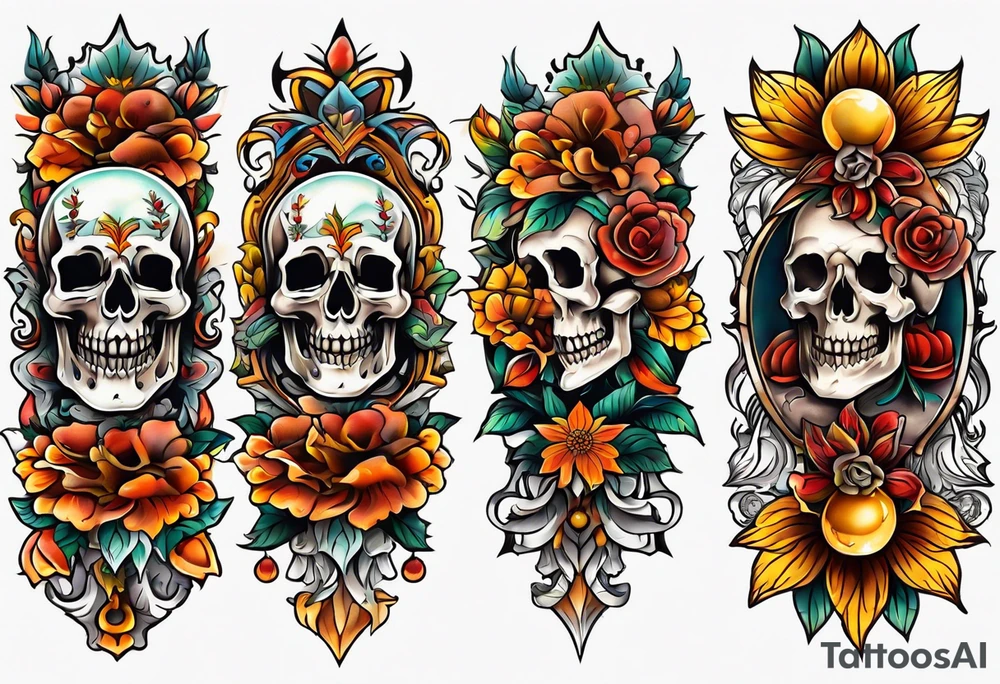 Old school center Knee tattoo with skulls, flower shapes and fall colors tattoo idea