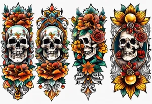 Old school center Knee tattoo with skulls, flower shapes and fall colors tattoo idea
