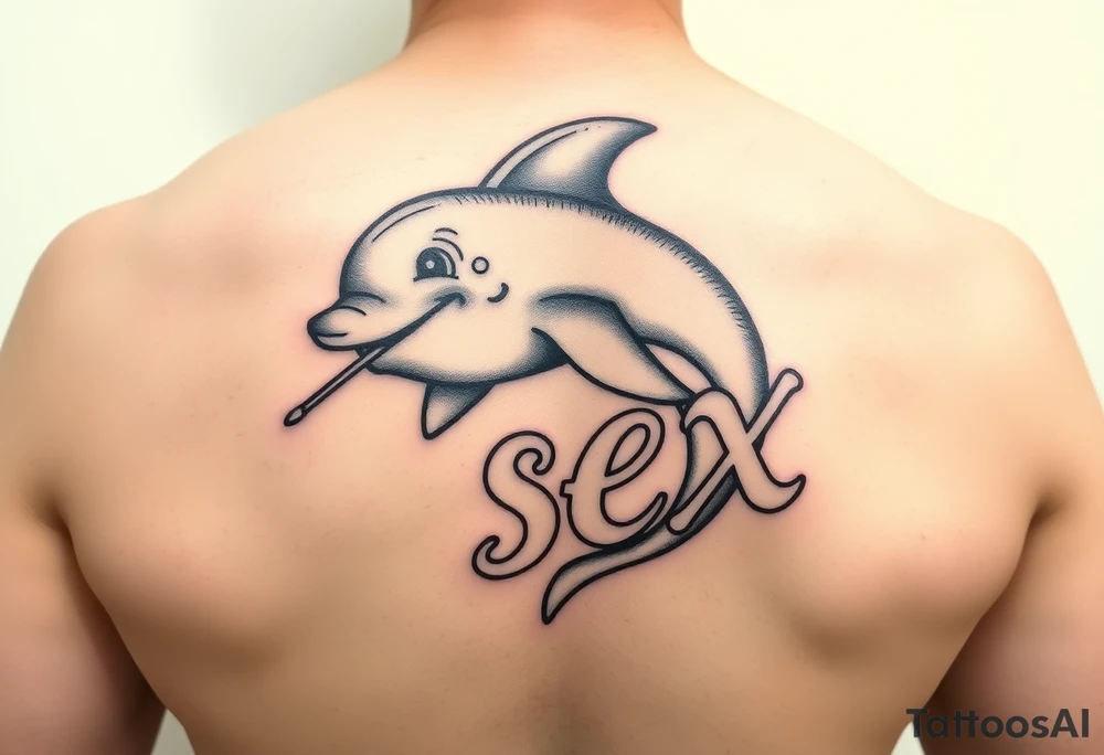 Cartoon dolphin with a mischievous face humping the word sex tattoo idea