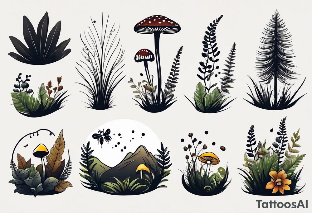 forest floor inspired minimalist tattoo, which includes grass, curly ferns, moss and dead leaves as the bulk of the tattoo. details to include: forest berries, a tiny bumblebee flying nearby, three small brown mushrooms
Generate a vertically long one tattoo idea