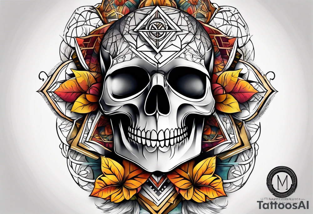 knee tattoo with sacred geometry, skull, swirls & washes in background in fall colors tattoo idea