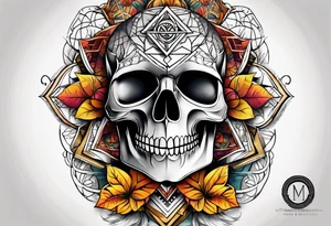 knee tattoo with sacred geometry, skull, swirls & washes in background in fall colors tattoo idea