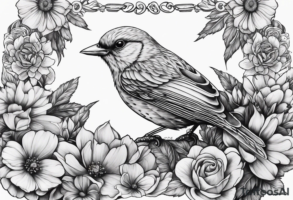 Robbin bird highly detailed and surrounded by flowers tattoo idea Robbin bird highly detailed and surrounded by flowers tattoo idea