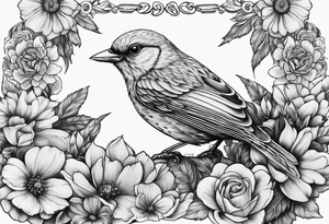 Robbin bird highly detailed and surrounded by flowers tattoo idea