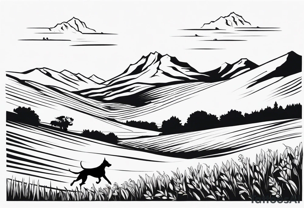 Men’s full arm sleeve. Rolling fields and mountains with 4 Great Dane dogs running in the field tattoo idea