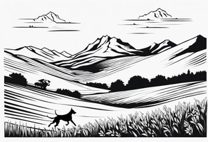 Men’s full arm sleeve. Rolling fields and mountains with 4 Great Dane dogs running in the field tattoo idea
