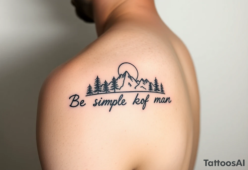 A minimalist tattoo with the words ‘Be a Simple Kind of Man’ in handwritten script, framed by pine trees, mountains, and a rising sun. Evokes peaceful strength and humility. Fine line blackwork for the forearm. tattoo idea