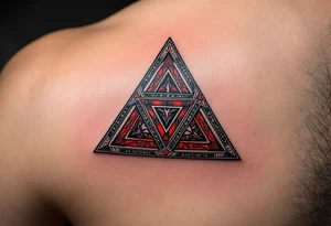 A bold triquetra, filled with deep red and black patterns tattoo idea