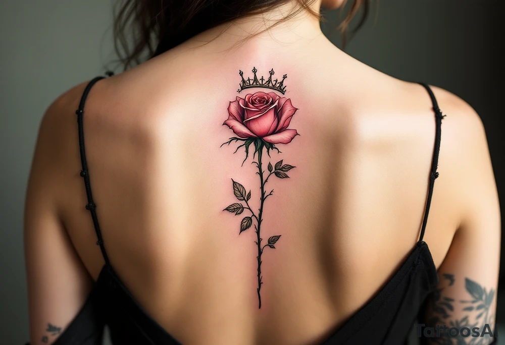 Single rose with 1982 as the stem if the rose with queen if heaetz and crown around or on top of rose with vines and thorns on sholder tattoo idea