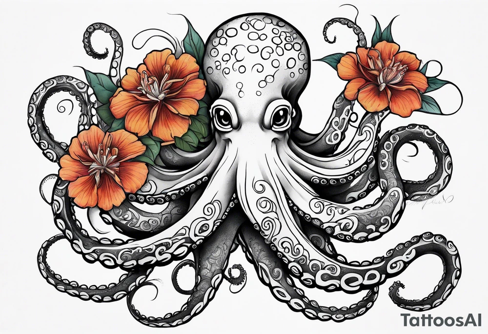 octopus holding flowers tattoo idea